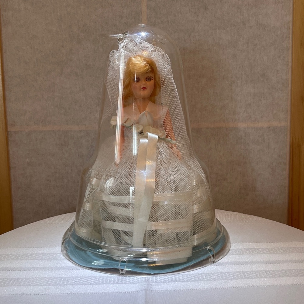 Vintage A & H Bride Doll in Original Plastic Dome Woodside, NY Wedding Dress